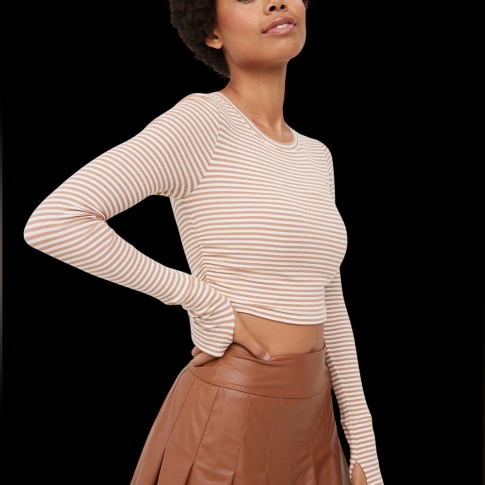 AERIE Offline NEW W/ TAGS Long Sleeve Lined Crop Top Size L Tan & White Striped